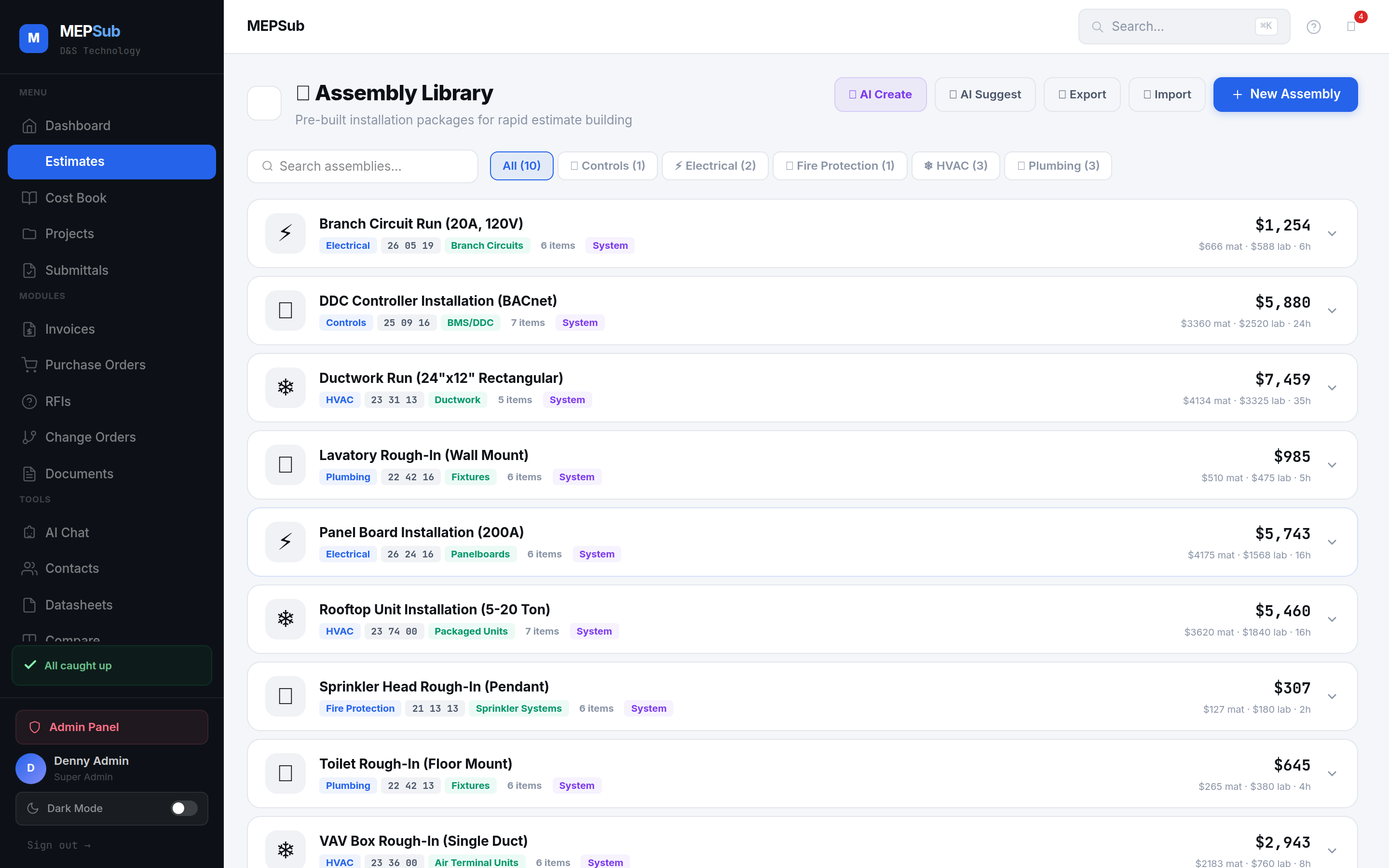 Pre-built assemblies pull pricing from cost book