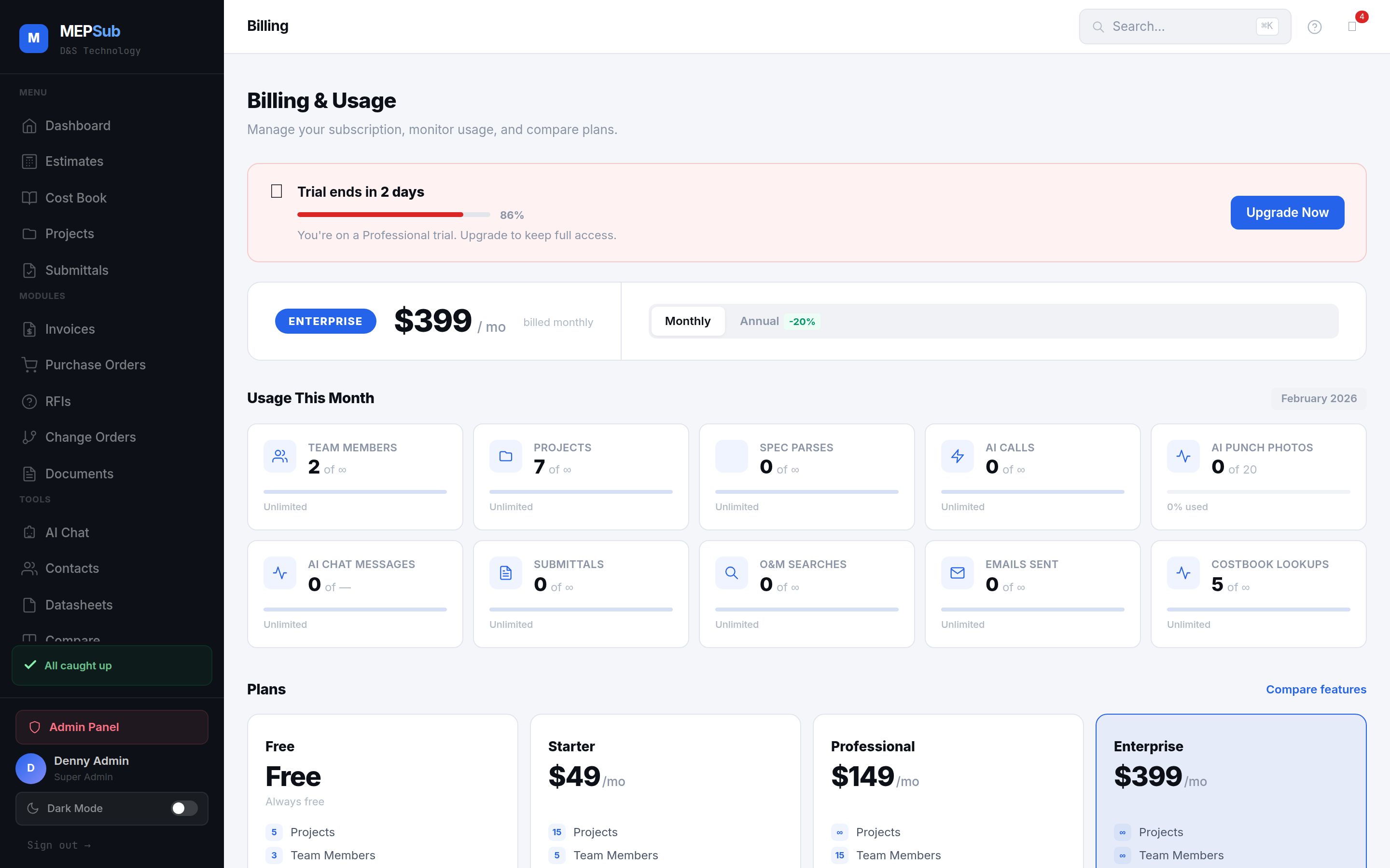 Billing page with plan usage and limits