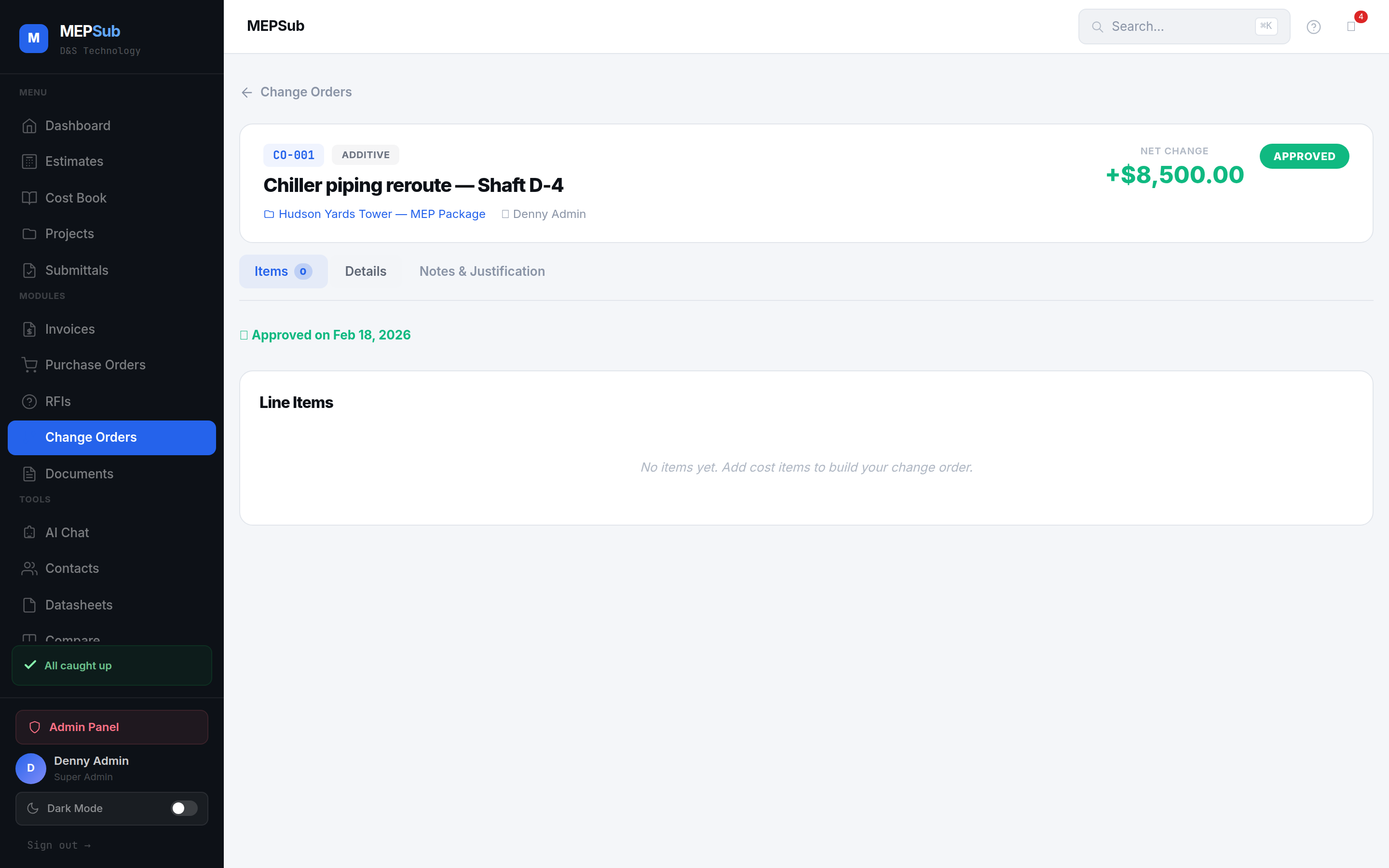 Change order detail with cost breakdown and status