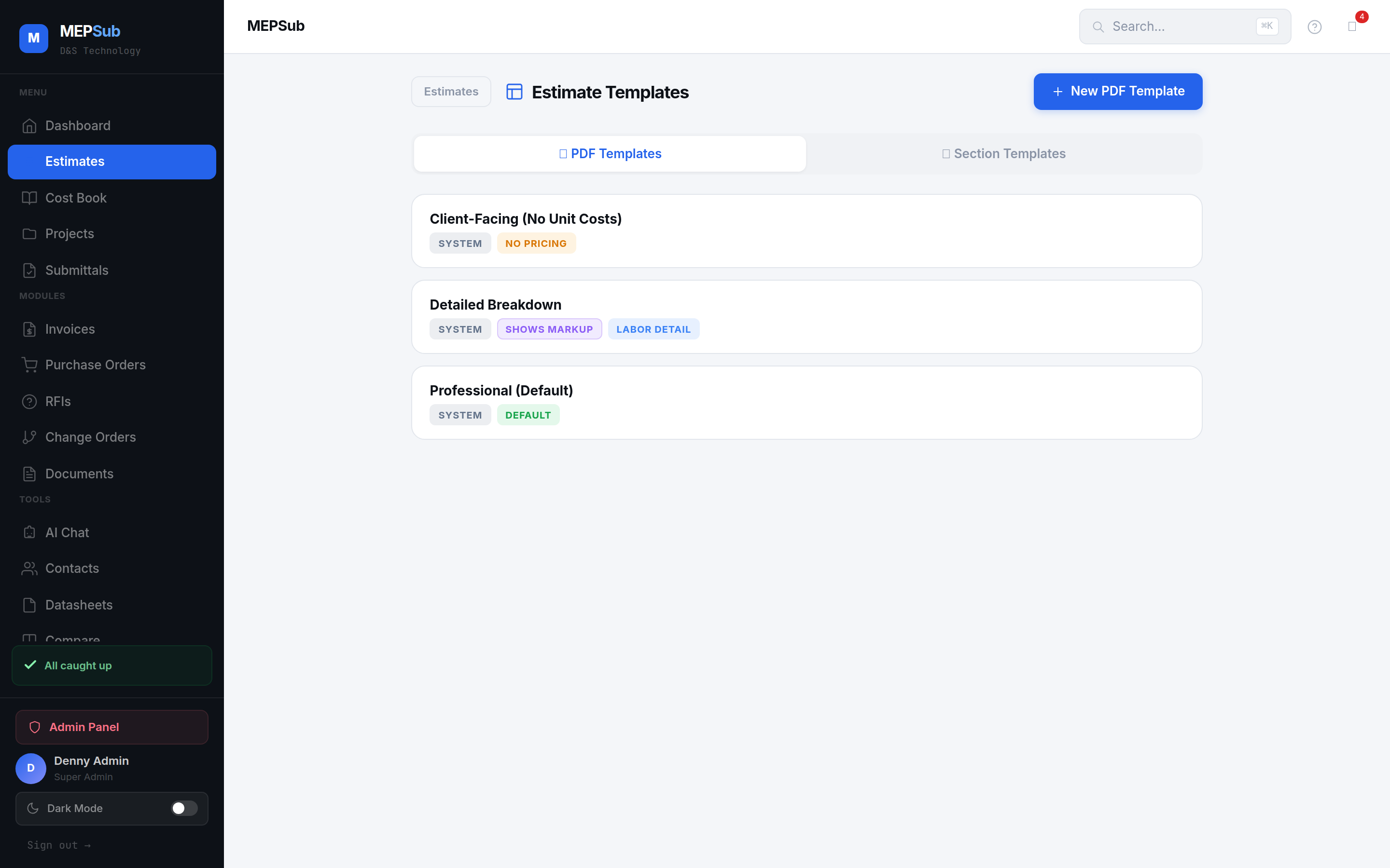 Estimate templates for quick project setup
