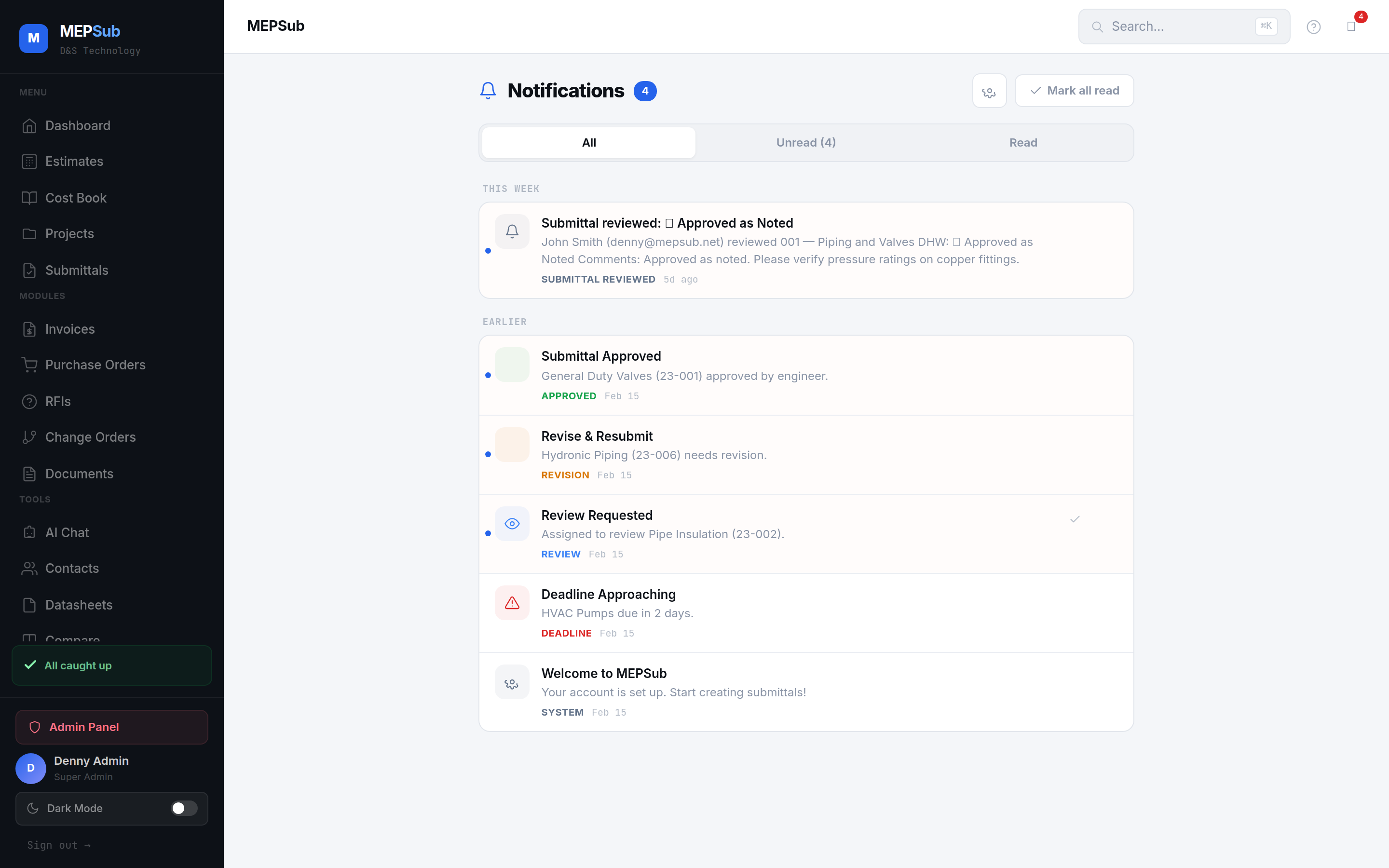 Notification center with activity timeline