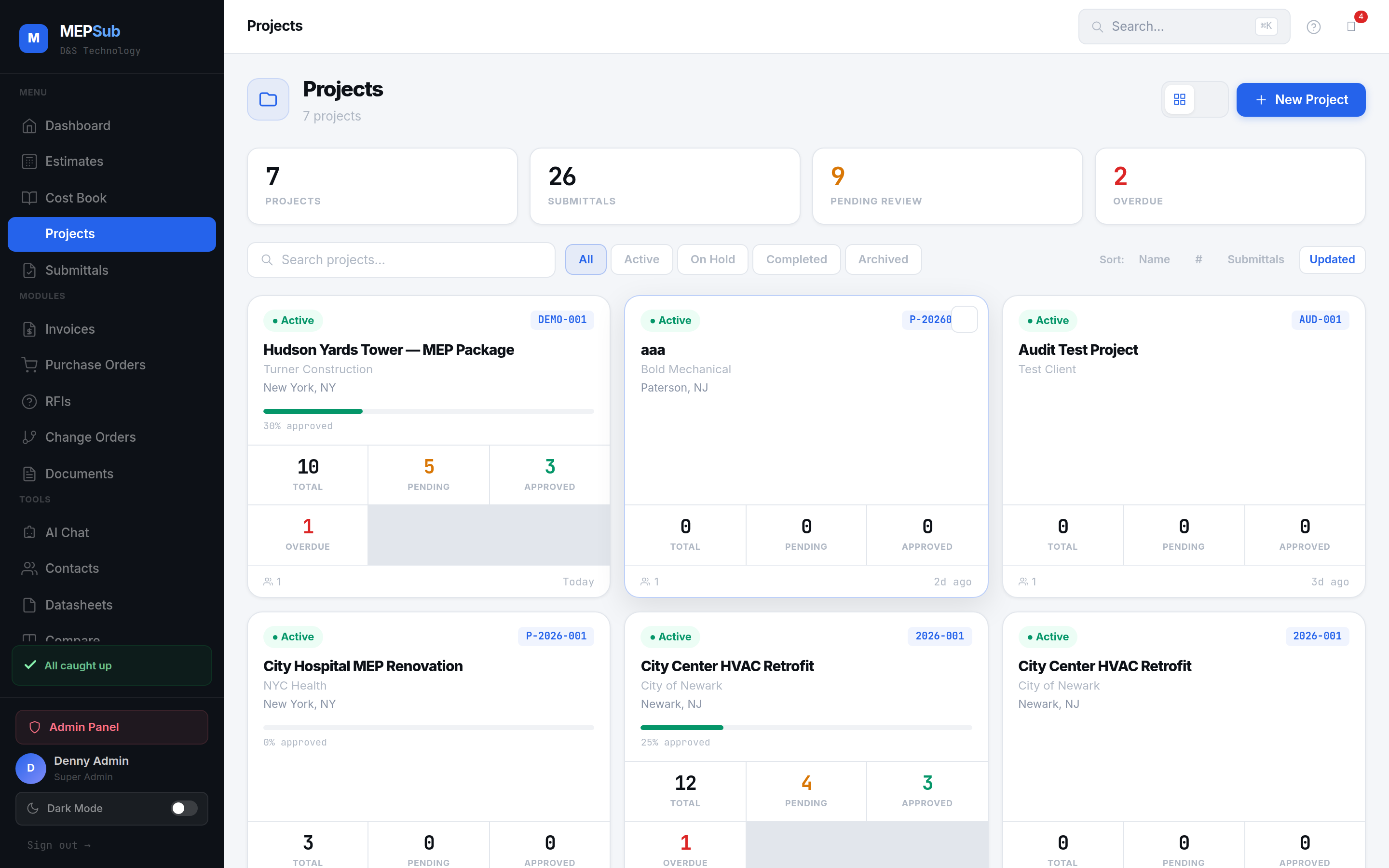 Project dashboard with submittal overview