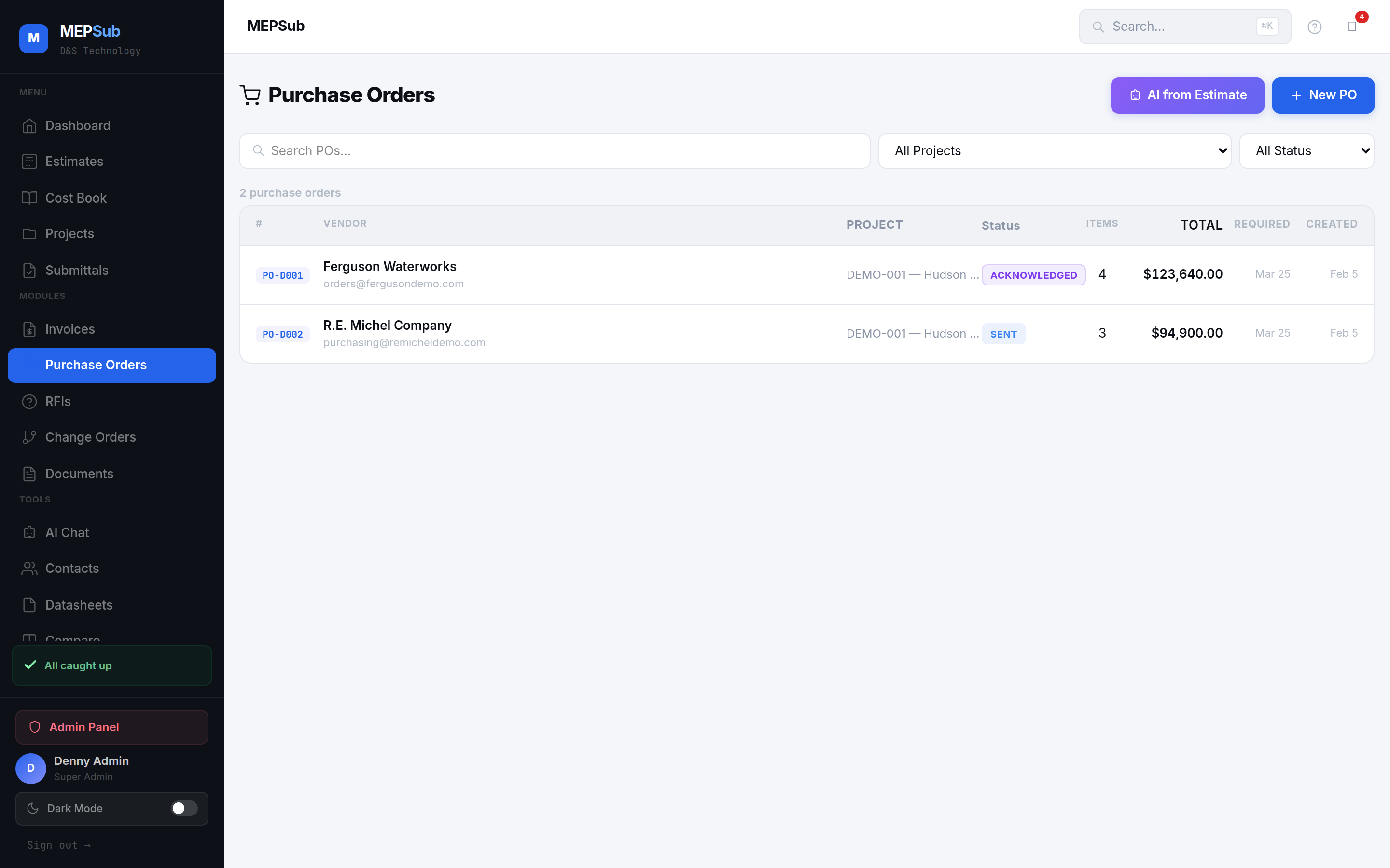 Purchase orders created from estimate materials
