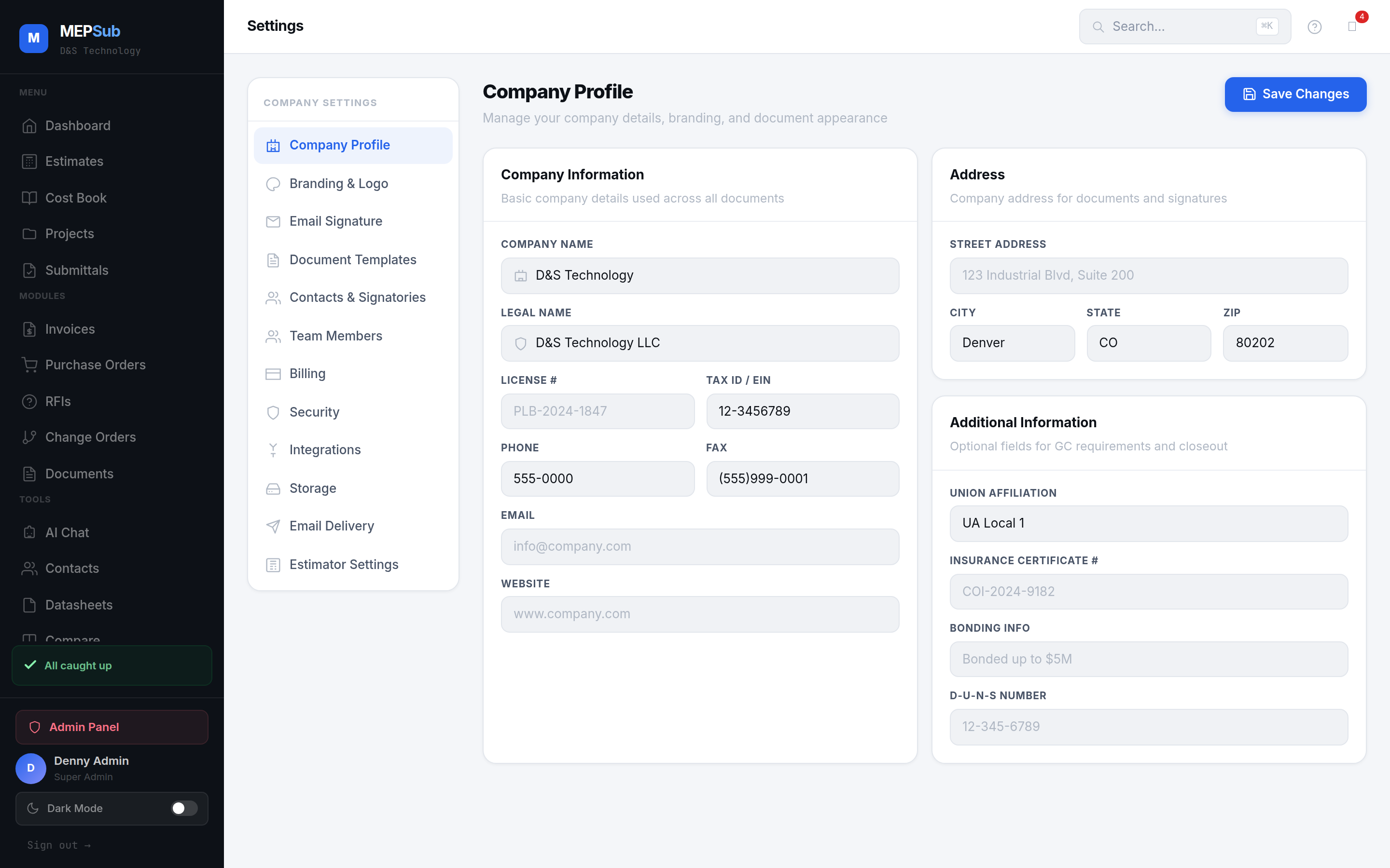 Settings for payment terms and email configuration